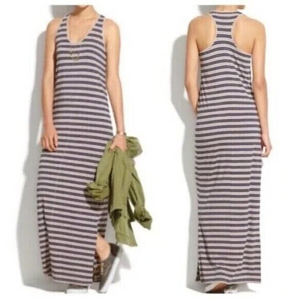 Madewell Dress Maxi Blue Beige Stripe Sleeveless Racerback Stretch - Picture 1 of 11